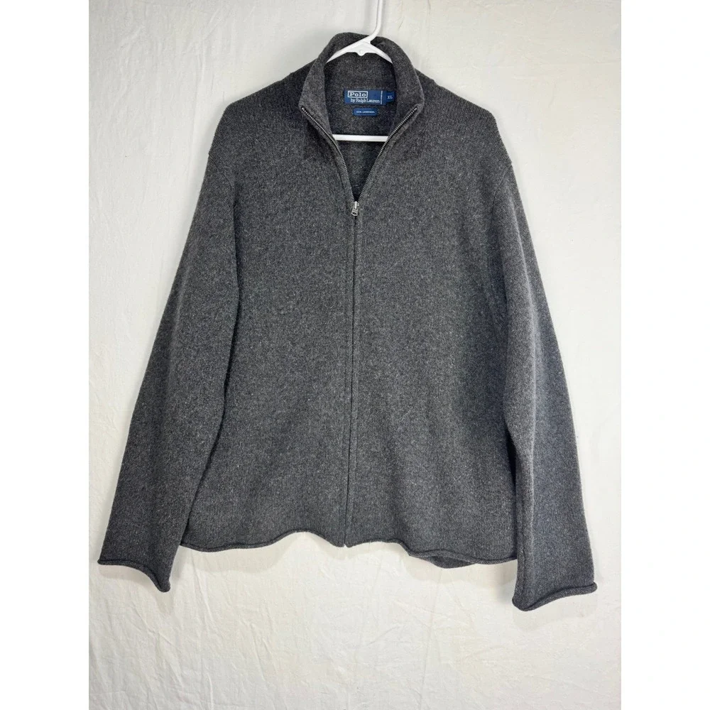 Polo Ralph Lauren Mens XL‎ Grey 100% Lambswool Full Zip Cardigan Sweater RL
